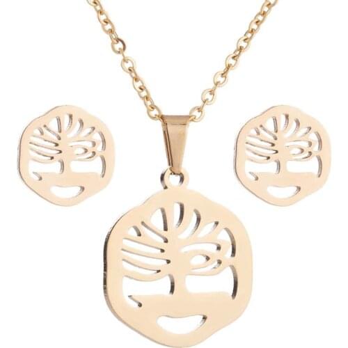 AsJerlya Simple Sand Painting Tree Jewelry Set Stainless Steel Earrings Necklace Set For Women Collar Earrings Jewelry Wholesale