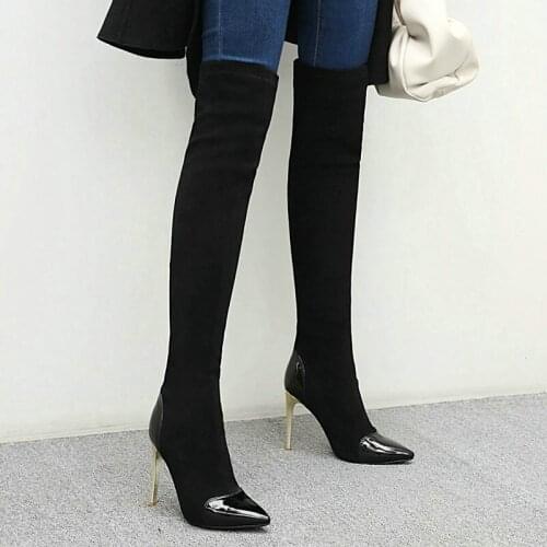 Sexy Womens Shoes with Pointed Toe Stilettos Womens Winter High Boots High Quality Elastic Frosted Over the Knee Boots Black