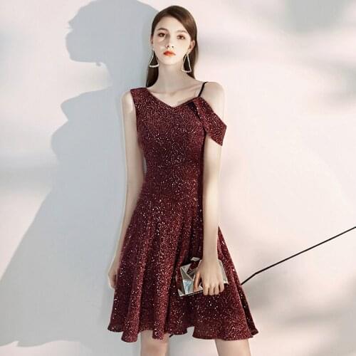 Special Occasion Dresses Vintage V-Neck Sleeveless Luxury Burgundy Knee-Length A-Line Satin Zipper Sequined Lady Prom Gown E1026