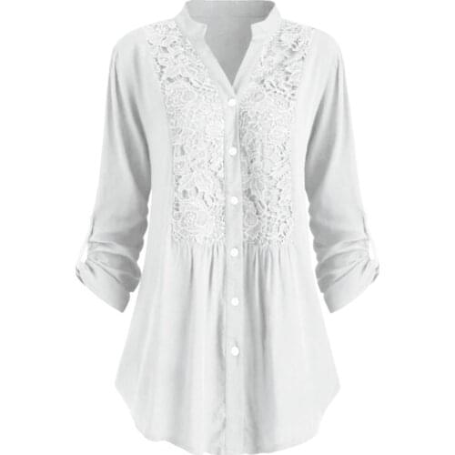 Casual Women Solid Color Lace Patchwork V Neck Buttons Long Sleeve Blouse Shirt