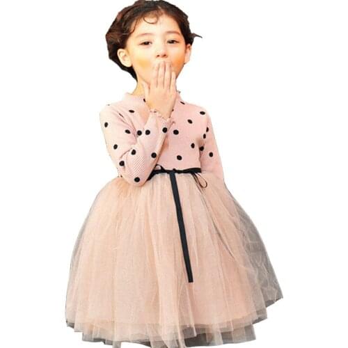 Girls Spring Childrens Wear Princess Dress Long Sleeve Knit Gauze Spot Ball Gown Dot Dresses with Sashes for Little Girl