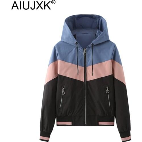 AIUJXK Womens Thin Windbreaker Jacket Spring Autumn Hooded Outdoor Zipper Rainproof Coat Female Patchwork Casual Outerwear