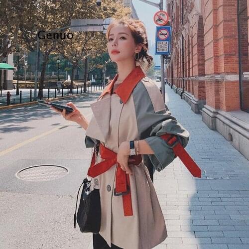 Large Size Womens Windbreaker Womens Mid-Length British Style Autumn New Slimming Coat Women Stitching Contrast Color