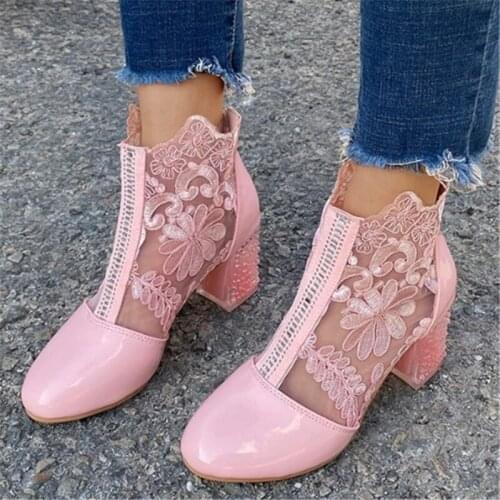 Size 35-43 Spring Summer Breathable Hollow Out Lace Mesh Womens Short Boots Fashion Sexy Crystal High Heel Ladies Ankle Boots