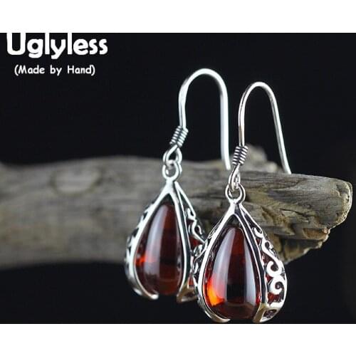 Uglyless Tempting Red Water Drop Garnet Earrings for Women Hollow Vintage Pattern Ethnic Dress Earrings 925 Silver Jewelry E1626