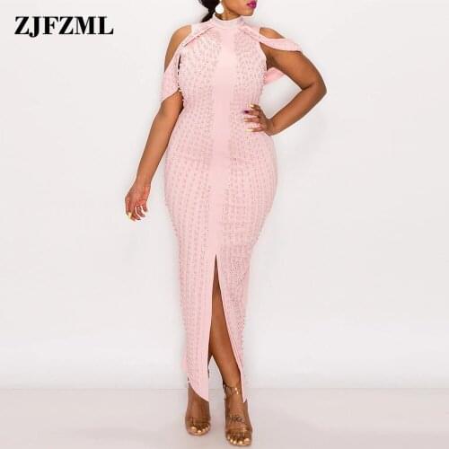 Pink Black Rhinestone Beading Party Dress Women Sleeveless Front High Split Sheath Dresses Elegance Body-shaping Birthday Robe