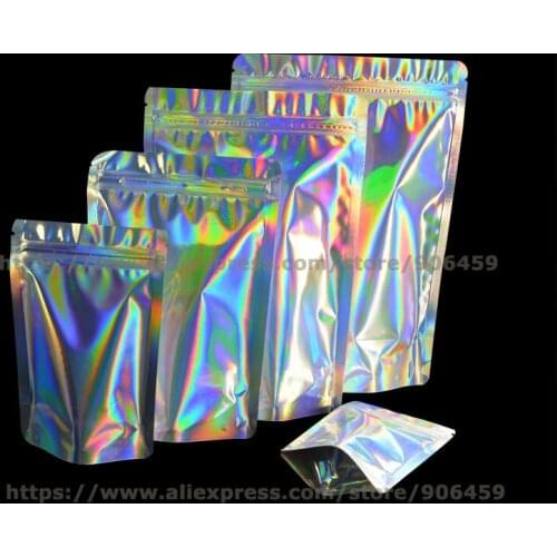100 pcs Laser Aluminum Foil Resealable Value Pack Stand Up Zip Lock Bag hologram Self Seal Zipper Plastic Pouches Bag