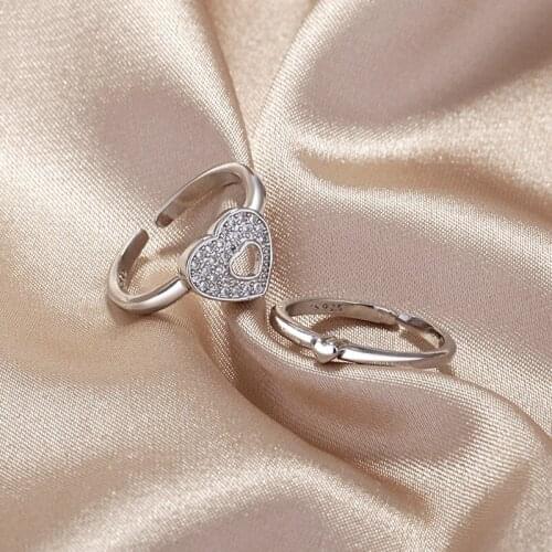2pcs / Set Fashion Simple Heart-shaped Hollow Ring Silver Plated Zircon Opening Adjustable Ring Womens Party Jewelry