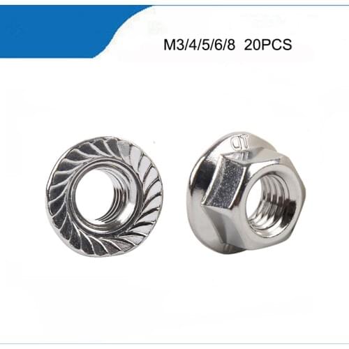20Pcs DIN6923 M3 M4 M5 M6 M8 304 Stainless Steel Hexagon Flange Nuts Pinking Slip Locking Lock Nut HW015