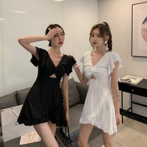 2021 New Womens Summer Bathing Suit Push Up One Piece Swimsuit Solid Korea Swimwear Swimsuit Women With Skirt Swim Suit Dress