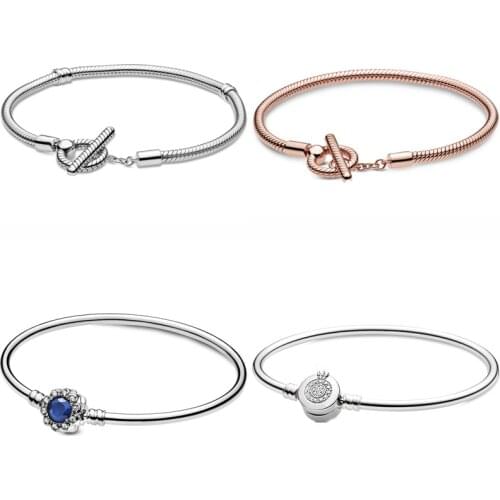 100% 925 Sterling Silver Sparkling Crown O Moments T-bar Snake Chain Brilliant Life Bracelet Fit Fashion Bead Charm Diy Jewelry