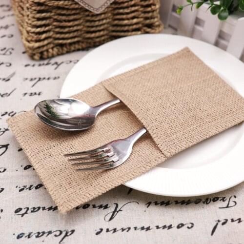 Burlap Lace Cutlery Pouch Wedding Tableware Party Supplies Holder Bag Hessian Rustic Jute Wedding Decoration Accessories