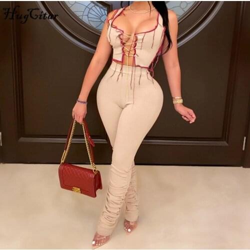 Hugcitar 2020 Sleeveless Cut Out Bandage Patchwork Sexy Crop Top Stacked Leggings 2 Piece Set Autumn Winter Women Tracksuit