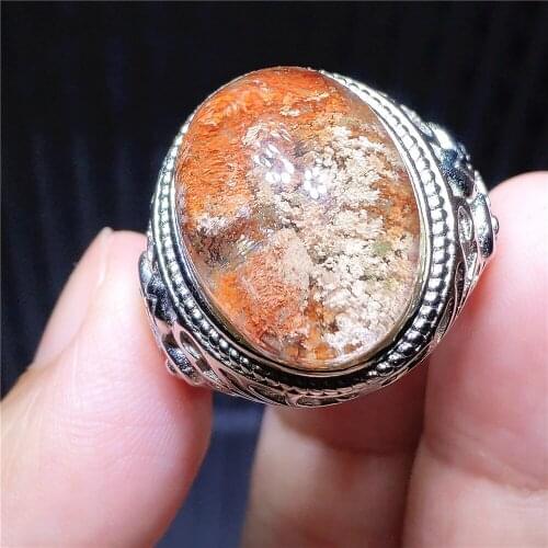 Natural Orange Red Phantom Quartz Ring Colorful Adjustable 21x15mm Garden 925 Sterling Silver Oval Bead Ring AAAAAA
