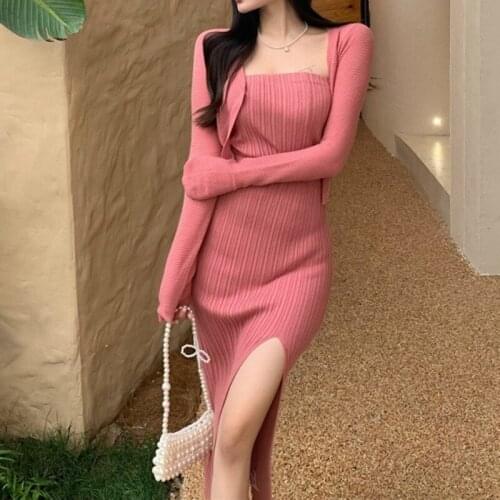 Three Piece Set Women Sunscreen Cardigan + Thin Knitted Tube Top + Knit Mid-length Split Skirt Suits Female Ensembles Femme 2021