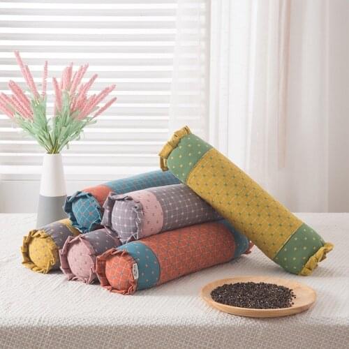 Round Buckwheat Filling Neck Pillow Fashion Fresh Plaid Cotton Pillowcase Column Cushion for Cervical Health Head Leg Support