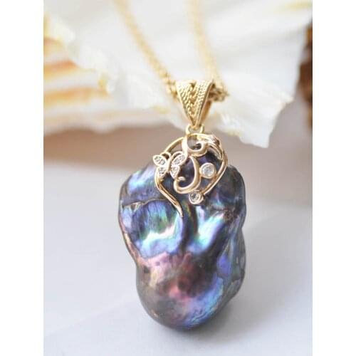 MCT·STAR Z10381 38mm Peacock-Black Baroque Keshi Pearl Butterfly gold-plating CZ Pendant