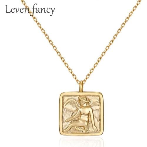 Golden Square Pendant 925 Sterling Silver Angel Baby Necklace Geometric Jewelry for Girls Prom Gift Birthday Necklaces