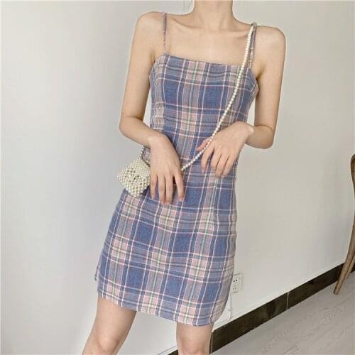 Summer womens dress 2021 Y2K new slim and thin plaid skirt small fresh retro sweet student sling dress womens clothing Dresses