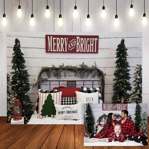 Mehofond Merry Christmas Photography Background MERRY AND BRIGHT Christmas Tree Bed Wooden Wall Photophone Backdrop Photo studio