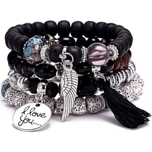 Multilayer Wing Tassel Natural Stone Bracelets Set For Women Vintage Crystal Bead Female Jewelry Charms Wristband Gift