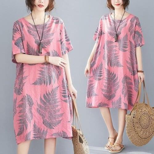 Fashion Female Summer Midi Dress Womens Printed Sundress Casual Short Sleeve Vestidos Femme High Waist Loose Plus Size Y289