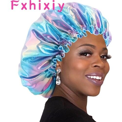 Fashion Women Laser Color Sleeping Cap Girl Colorful Headscarf Head Cover Silky Bonnet Muslim Turban Chemotherapy Bath Cap