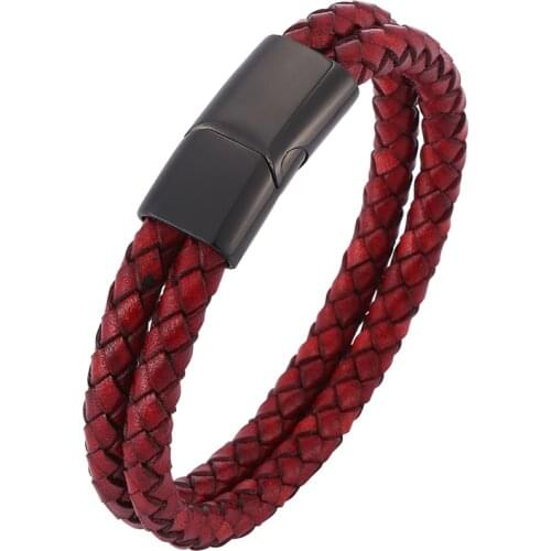 Punk Antique Red Double Braided Leather Bracelet Retro Men Jewelry Stainless Steel Magnetic Clasp Male Wristband Gifts PD0510