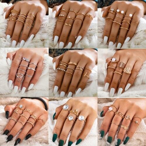 Docona Fashion Crystal Sun Pearl Rings Set for Women Gold Color Geometric Heart Knuckle Finger Rings Female 2020 Jewelry Anillos