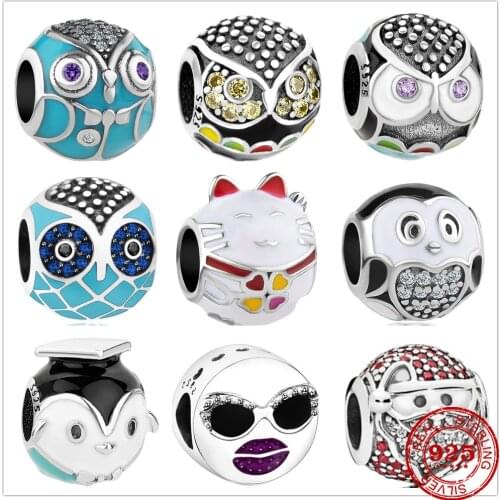 Genuine 925 Sterling Silver Round owl Lucky Cat Beads Fit Original Pandora Bracelet Charm Jewelry Gift