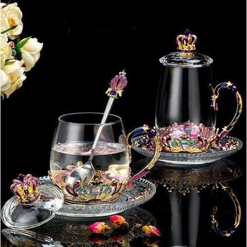 New Enamel Crystal Glass Cup Heat Resistant Flower Tea Mug with Spoon Home Teaware Breakfast Coffee Cup Set Gift