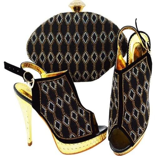 New Arrival Rhinestone Woman Shoes And Bag Set For Wedding Party Fashion African Black Color High Heels Shoes And Bag Set