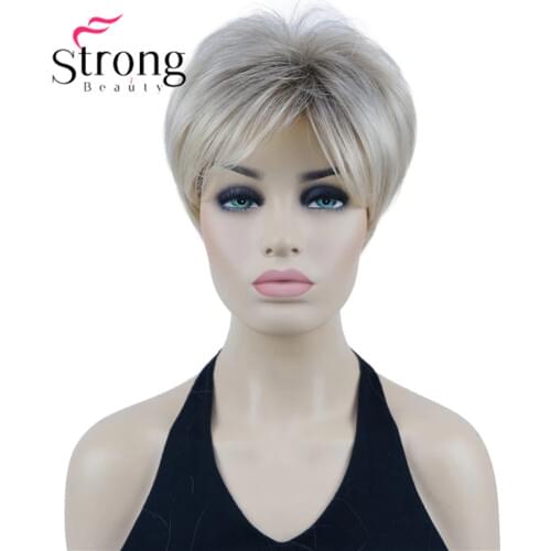StrongBeauty Short Straight Blonde Ombre w/ Brown Roots Heat Ok Full Synthetic Wig