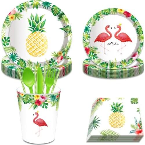 Hawaii Party Decoration Happy Birthday Dinner Dessert Plates Beach Party Pineapple Flamingo Disposable Tableware Kid Party Favor