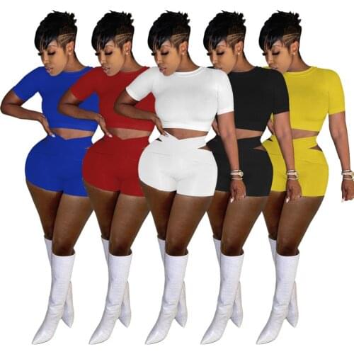 Streetwear Sporty 2 Pieces Outfits Solid Short Sleeve T Shirt Workout Biker Shorts Cut Out Elastic Jogger Yoga Shorts Tracksuits