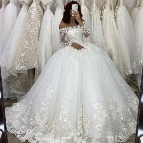 Gorgeous Dubai Princesa Ball Gown Wedding Dresses 2020 Long Sleeve Lace Appliques Wedding Gowns vestido de festa de casamento