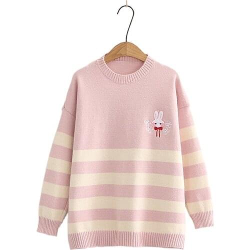 Sweet Pink Cartoon Rabbit Women Sweaters Jacquard Striped Knitted Jumpers 2021 Winter Thick Warm Pullover Girl Cute Soft outwear