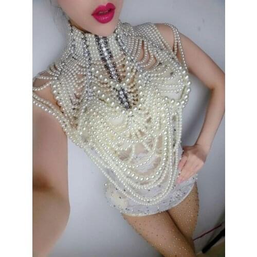 Woman Prom Dress Wear Pearl Chains Jacket Outfit One Piece Bodysuit Queen Crystal Design Wedding Dj Female Singer Dance Costume