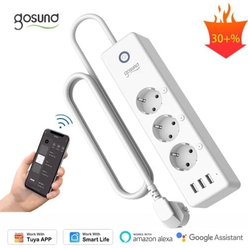 16A EU WIFI Smart Strip,Timer,3 Plug,3 USB Ports,Independent Switch,Gosund Tuya Smart Life APP Remote Monitor,Alexa Google Home