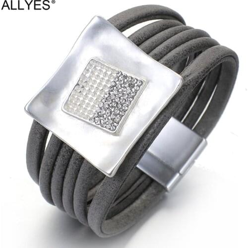 ALLYES Chunky Metal Square Rhinestone Charm Leather Bracelets for Women Bohemian Multilayer Wrap Bracelet Party Jewelry