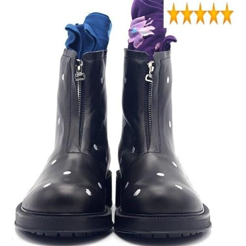 Dot Polka New White Black Men Ankle Round Toe Zipper Fashion England Style Genuine Leather Boots 2021 Autumn Shoes