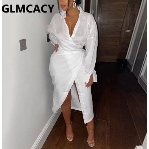 Long Sleeve V Neck Tunic Slit Dress Elegant OL Shirt Dress