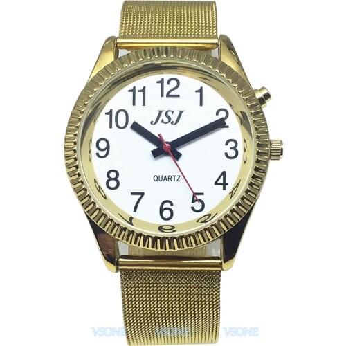 French Talking Wristwatch with Alarm of Quartz, Talking Date and time, Golden Color, White Dial
