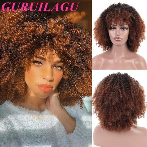 GURUILAGU Afro Kinky Curly Wigs For Black Women High Temperature Synthetic Hair Short Wig With Bangs Ombre Black Pink Blonde Wig