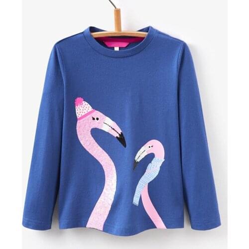 Little Maven New Autumn Spring Children Clothing Flamingo Birds Printed Full- sleeved O-neck Cotton Knitted Girls Casual Tshirt