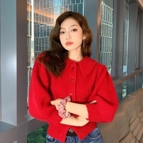 Cute Red Cardigan Sweater Women 2021 Autumn Thick Cropped Sweater Jacket Peter Pan Collar Lantern Sleeve Knitted Cardigan Coat