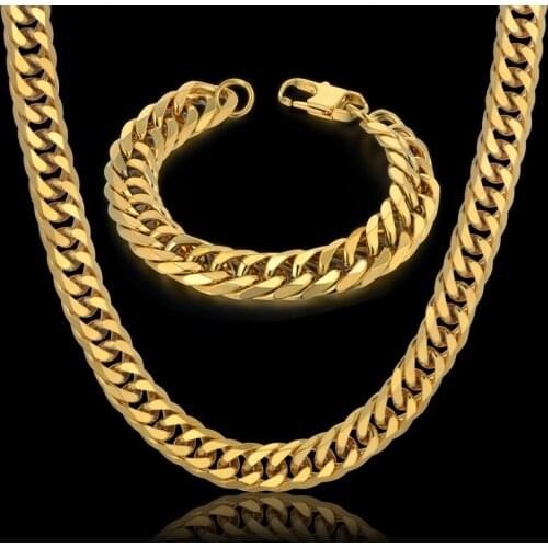 Hip Hop Chain Jewelry Sets Gold Silver Color 14MM Thick Chain Necklace & Bracelet Set Wholesale Cuban Link Chains Hippie
