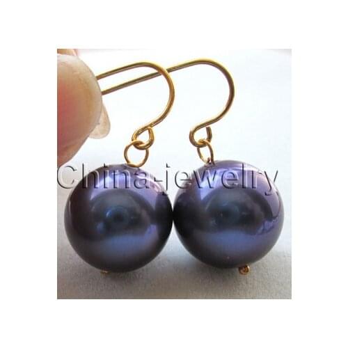 Beautiful 14mm deep blue perfect round sea shell pearl earring >Lovely Fine Nobility Ladys Womens Earrings