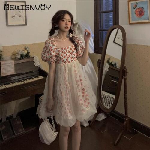 Japanese Lolita Style Summer Kawaii Floral Dress Women Sweet Cute Fairy Flower Dress Puff Sleeve Mesh Ruffles Girls Mini Dress