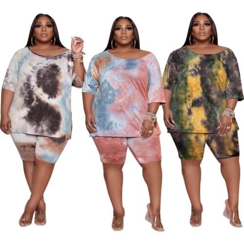 2021 Summer Fashion Casual Tie-dye T-shirt and Shorts 2pcs Set African American Style Plus Size Loose Women Clothes Suit